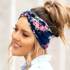 Navy & Pink Floral Twist Headband